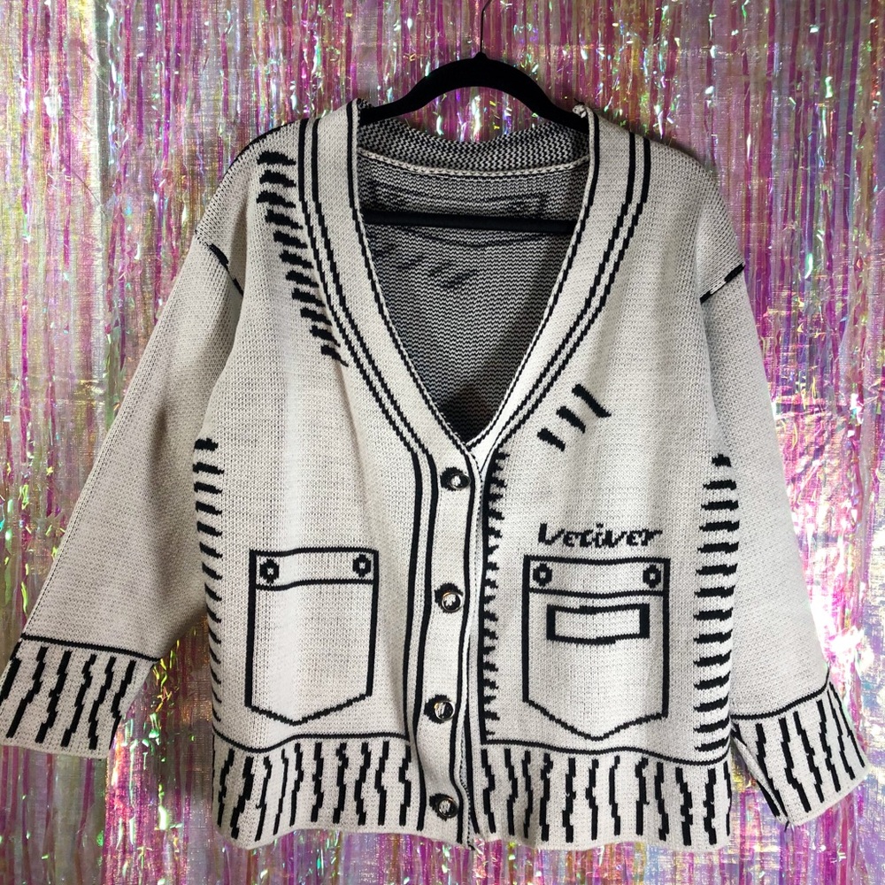 Cartoon Sketch Details Gray Oversized Cardigan